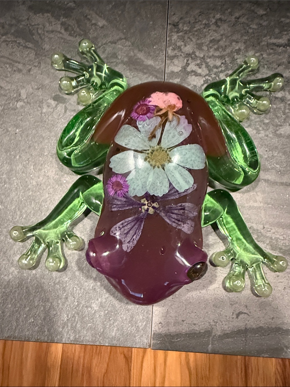 Handmade Green Glass Frog Wall Accent with Purple Floral Resin Body